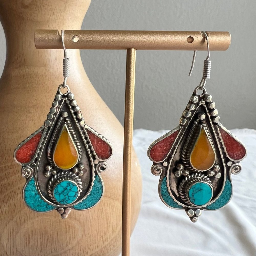 Tribal Boho Style Tibetan Silver Turquoise Coral Copal Amber Inlay Earrings